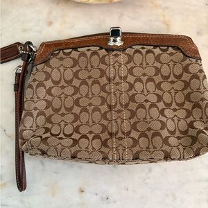 Coach Brown Leather & Fabric Signature Patterned Women's Wristlet Clutch
